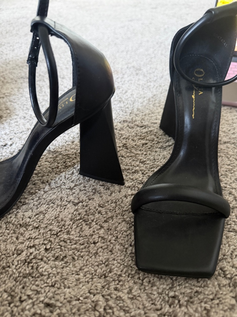 Black Square-Toe Ankle-Strap Block Heels